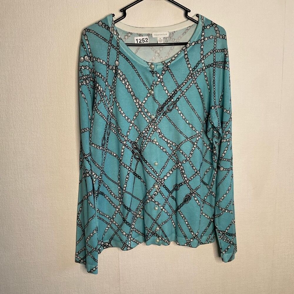 Charter Club Sweater Womens XL Turquoise Blue Faux Pearl Button Knit Cardigan